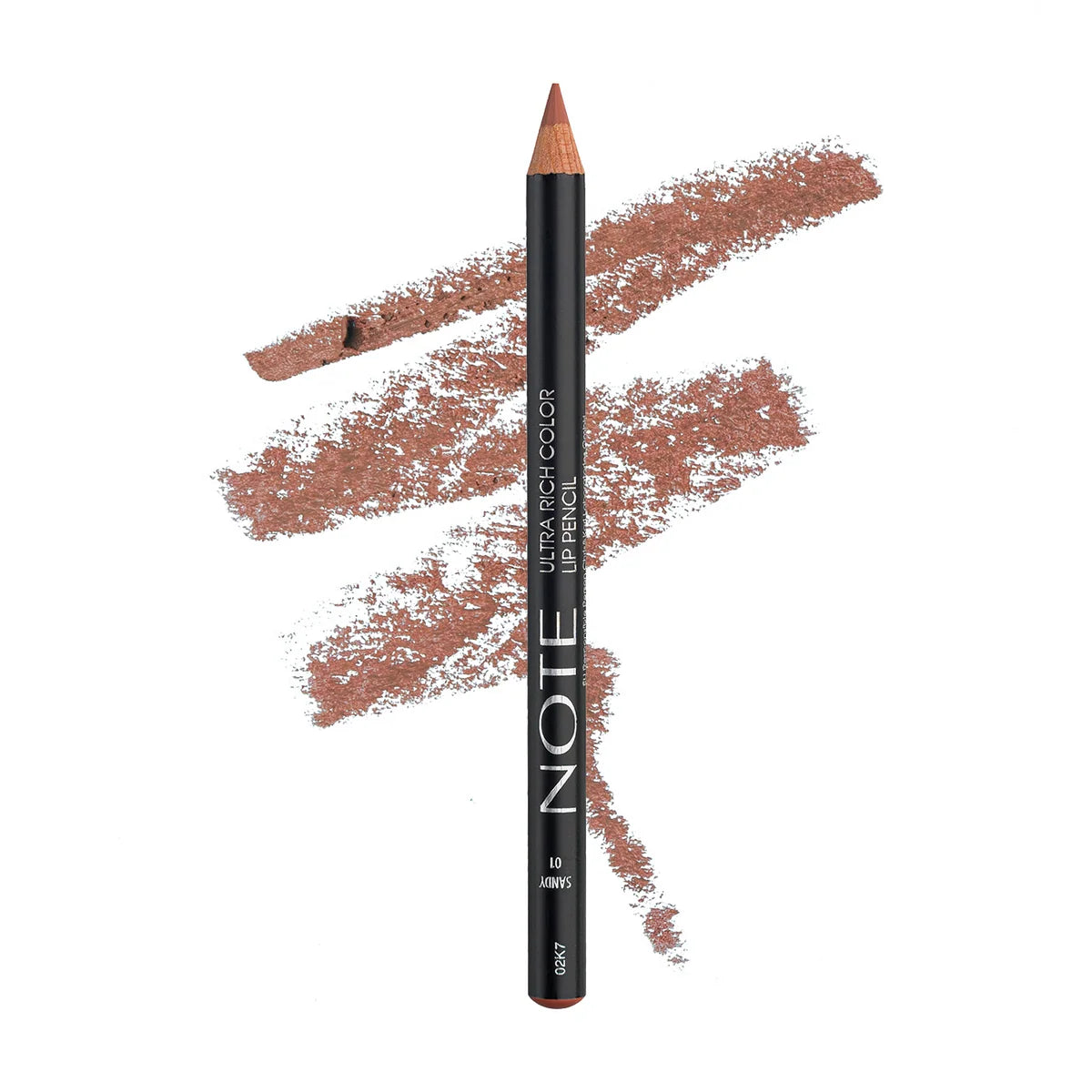 A single lip pencil from the brand NOTE, shown vertically with a swatch of the brownish-rose cosmetic formula smeared behind it on a plain white background.