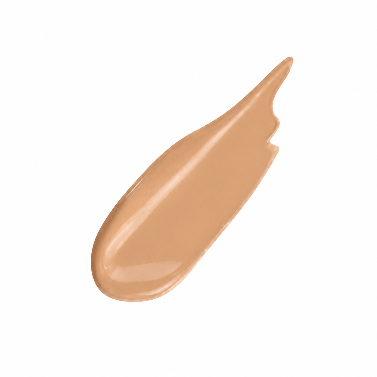 Light beige tinted moisturiser swatch with glossy finish, by NOTE, shown in diagonal smear on white background