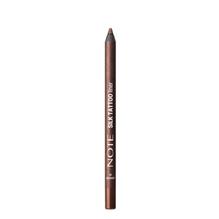 Brown silk eyeliner pencil by NOTE, sleek metallic barrel with pointed tip, shade 20, front view