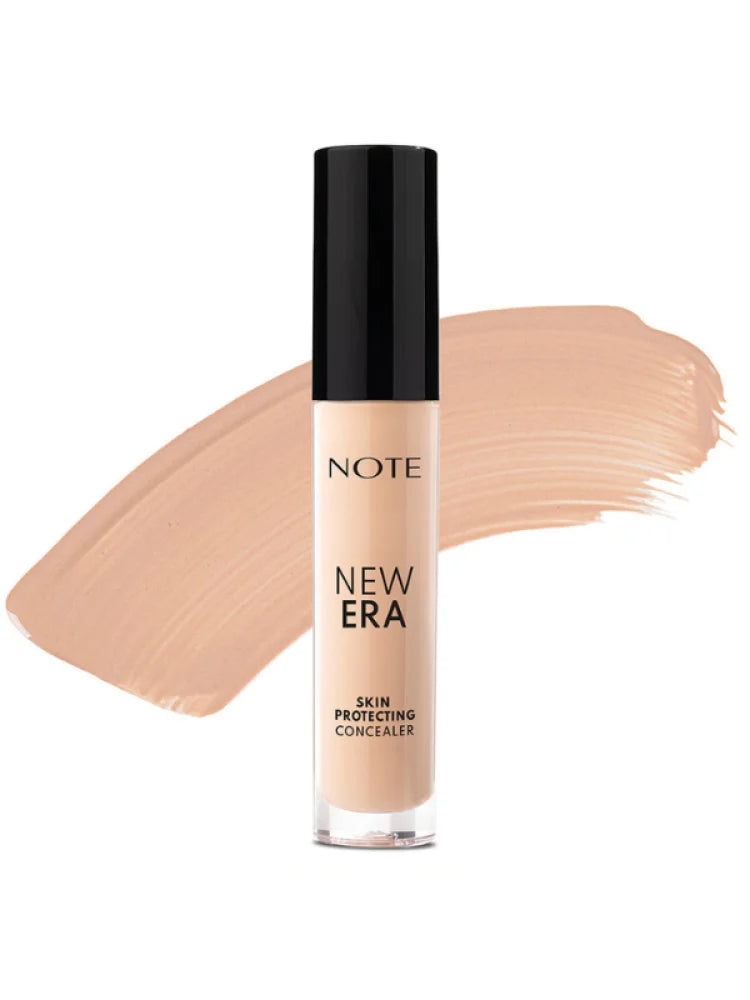 Light beige concealer in clear tube with black cap by NOTE, featuring smooth swatch background, front view
