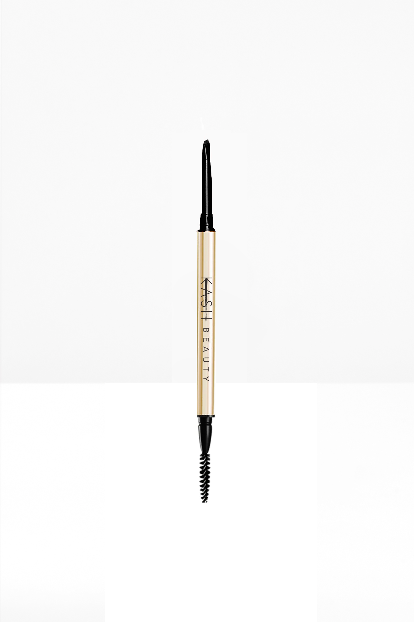 Black precision brow pencil with gold barrel and spoolie brush by KASH Beauty, shown vertically against white background
