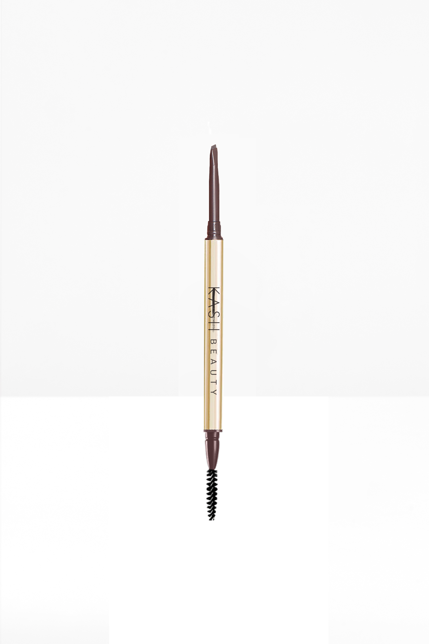 Brown precision brow pencil with gold barrel and spoolie brush by KASH Beauty, shown vertically against white background