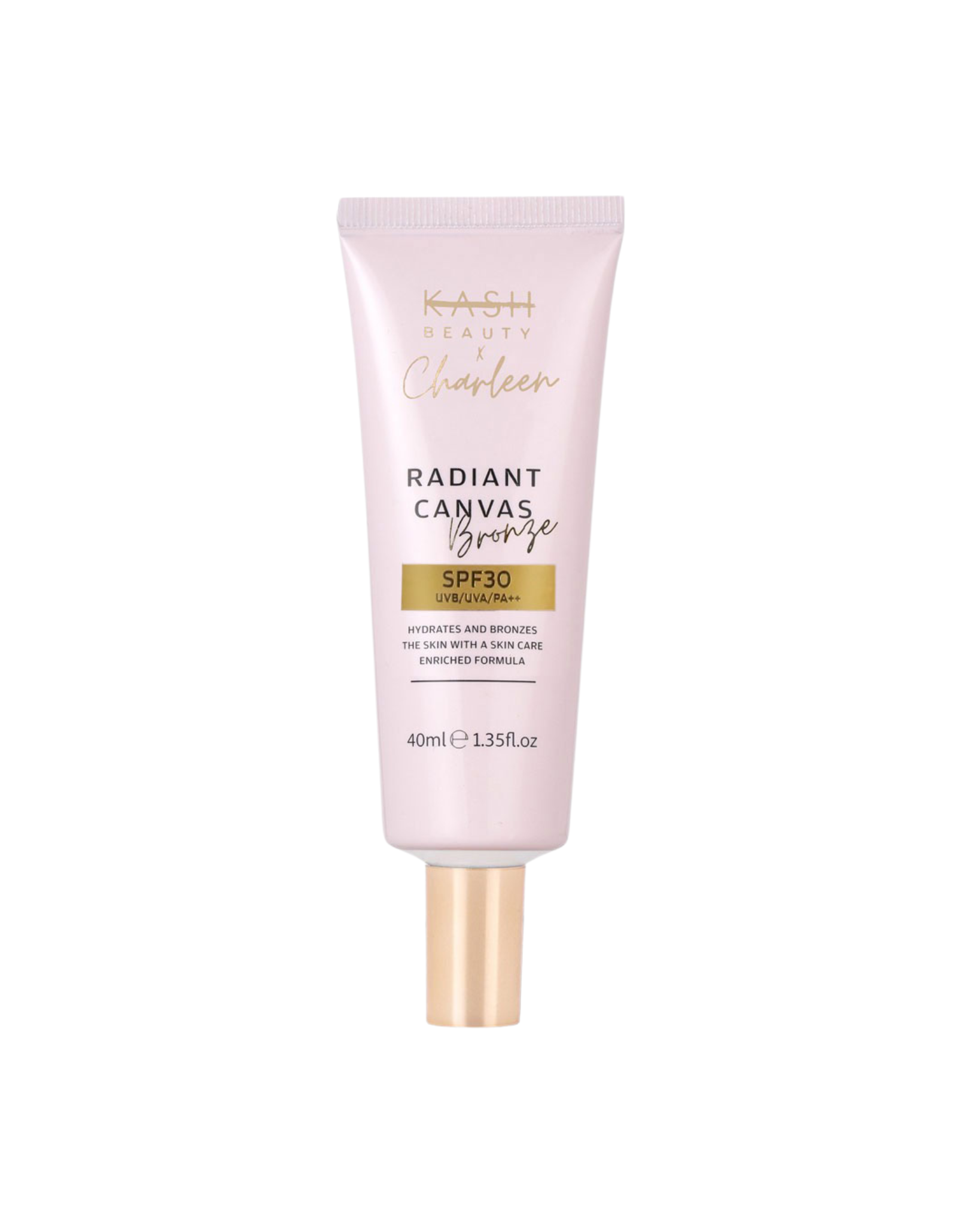 Bronze radiant canvas primer by KASH Beauty x Charleen in soft pink tube with gold cap and SPF30 label, front view