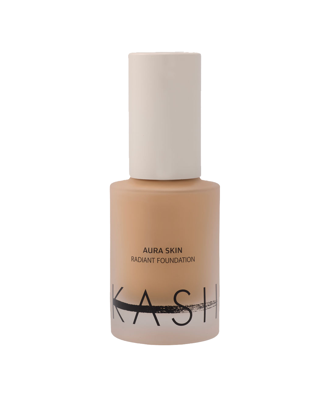 Radiant foundation in beige-toned frosted glass bottle by KASH with black text and brushstroke logo, front view