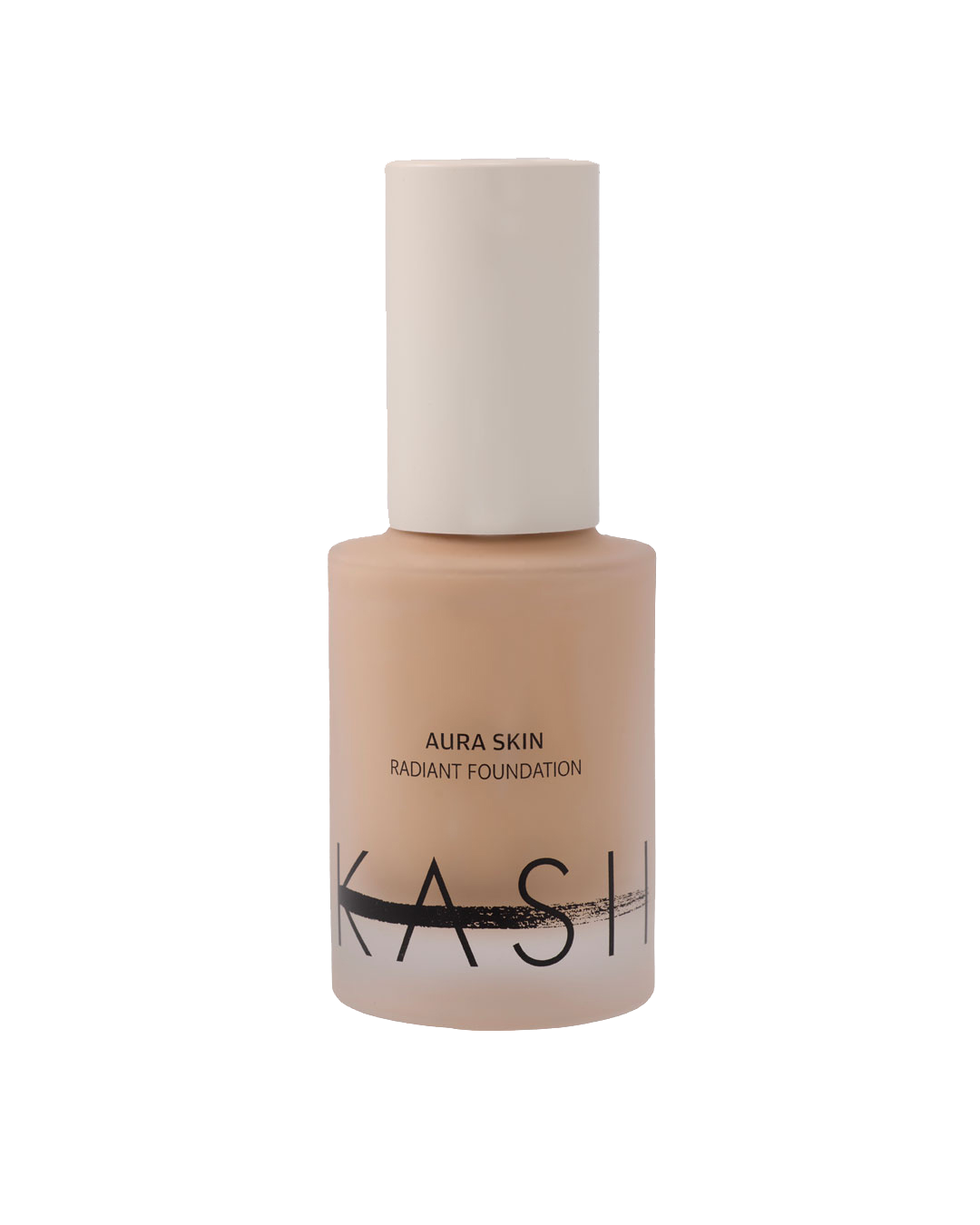 Radiant foundation in beige frosted glass bottle by KASH with black text and matte cap, front view