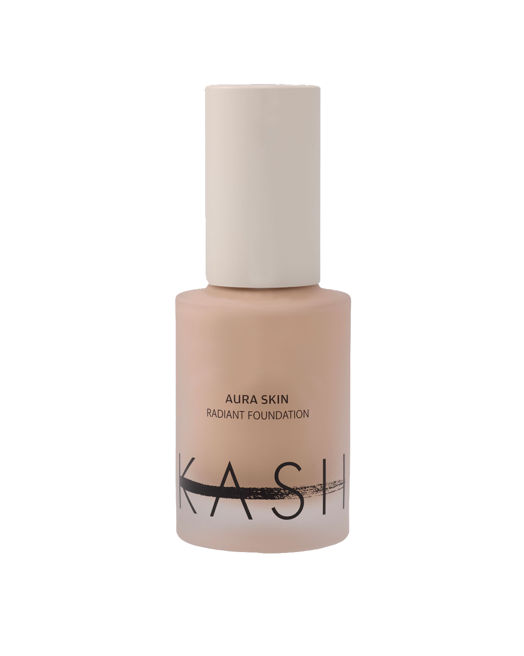 Radiant foundation in soft beige bottle with matte white cap by KASH, featuring minimalist black text and brushstroke logo, front view.
