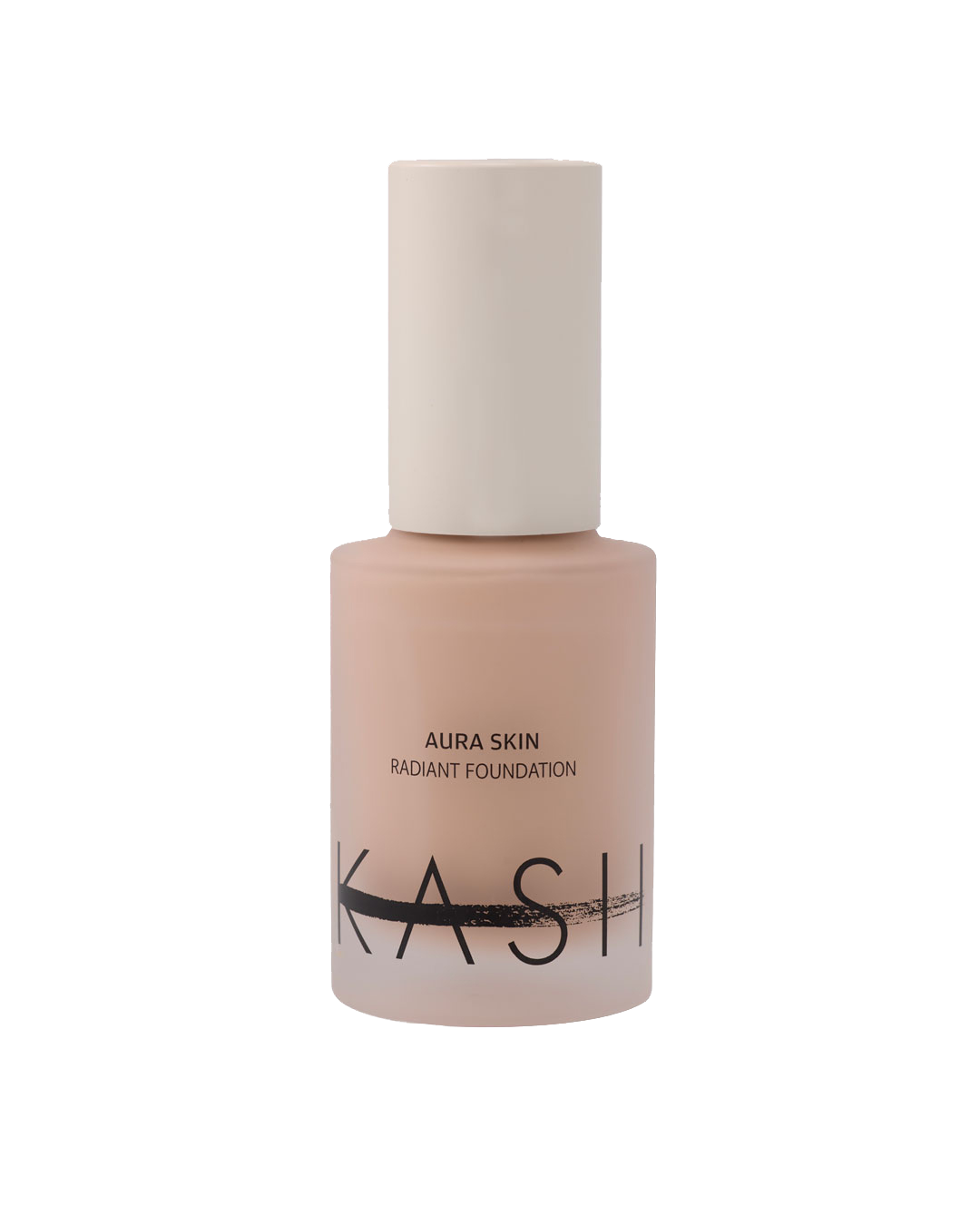 Radiant foundation in soft peach bottle with matte white cap by KASH, featuring minimalist black text and brushstroke logo, front view.