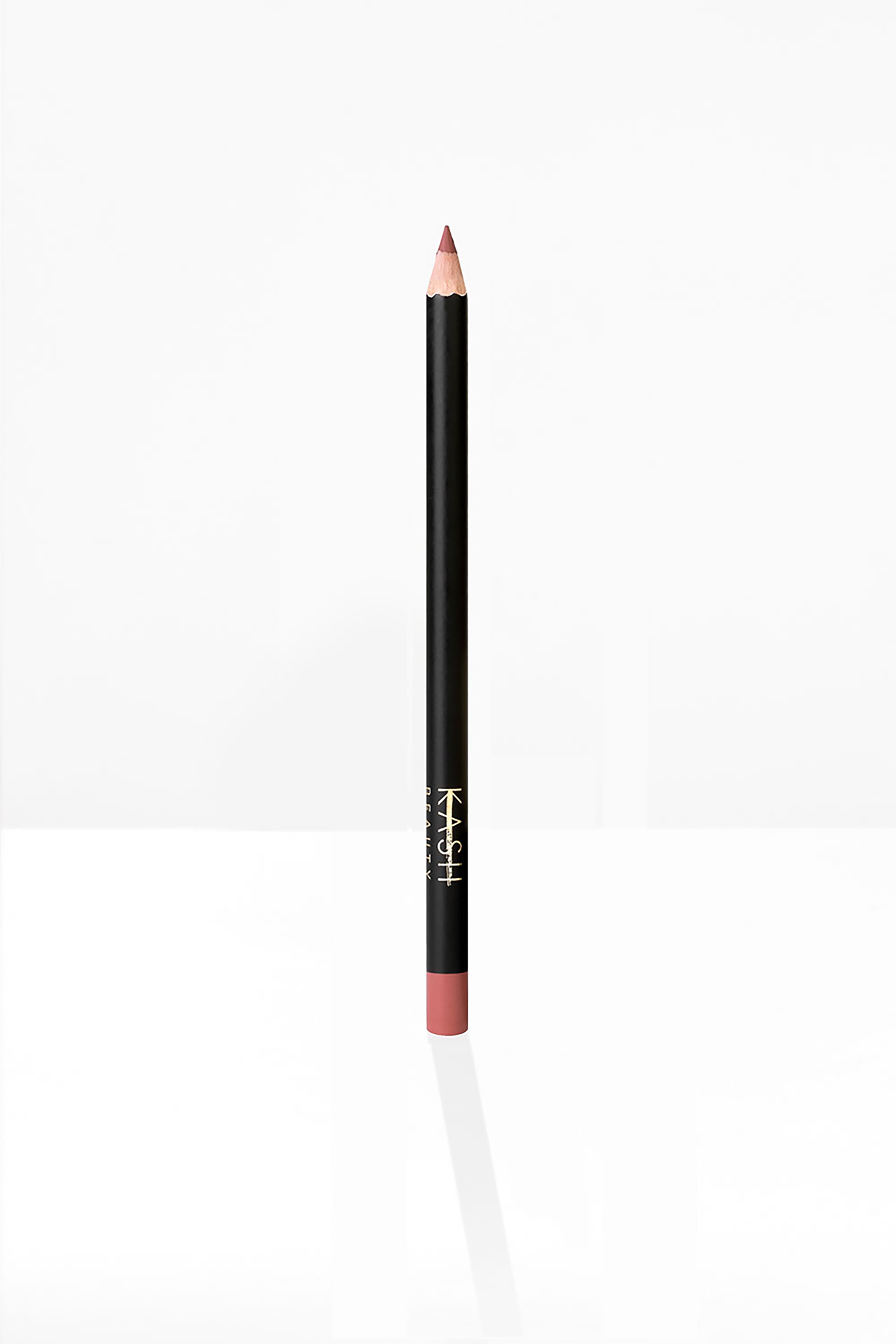 Rose nude lip liner pencil with black barrel and gold branding by KASH Beauty, shown upright on white background