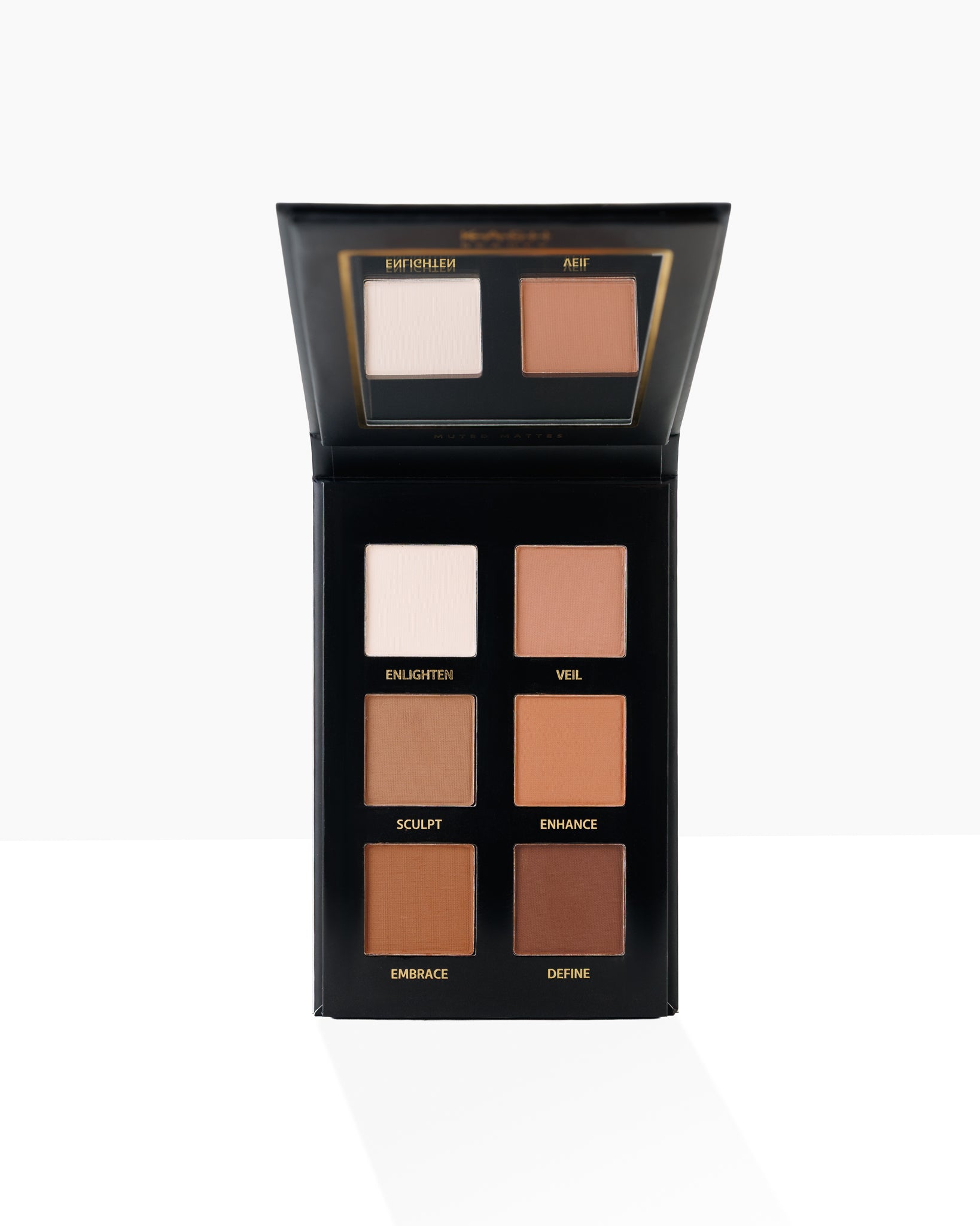Neutral matte eyeshadow palette with six warm tones by KASH Beauty, black case with gold accents, front view