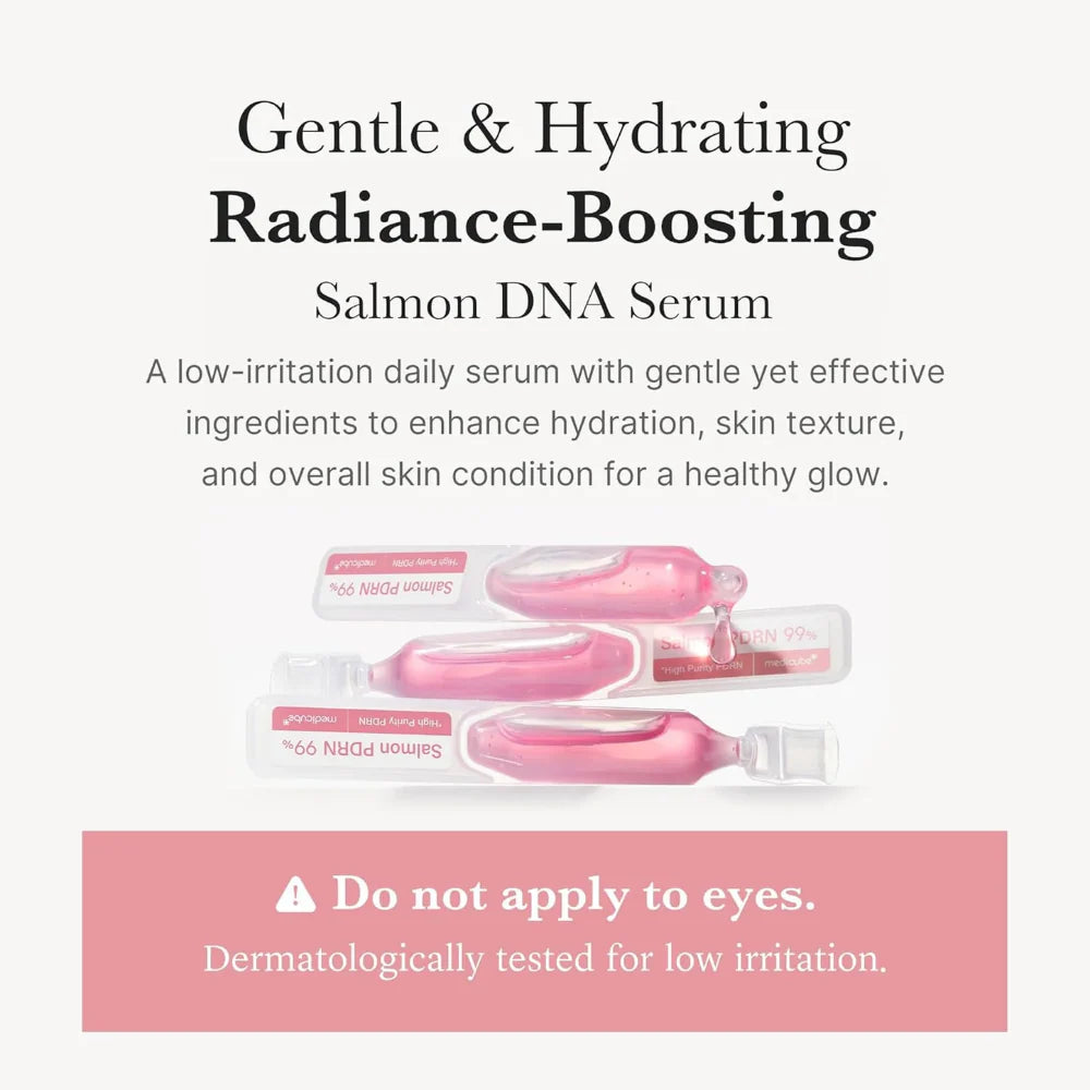 Salmon DNA serum packaging with text about gentle and hydrating properties on a white background.