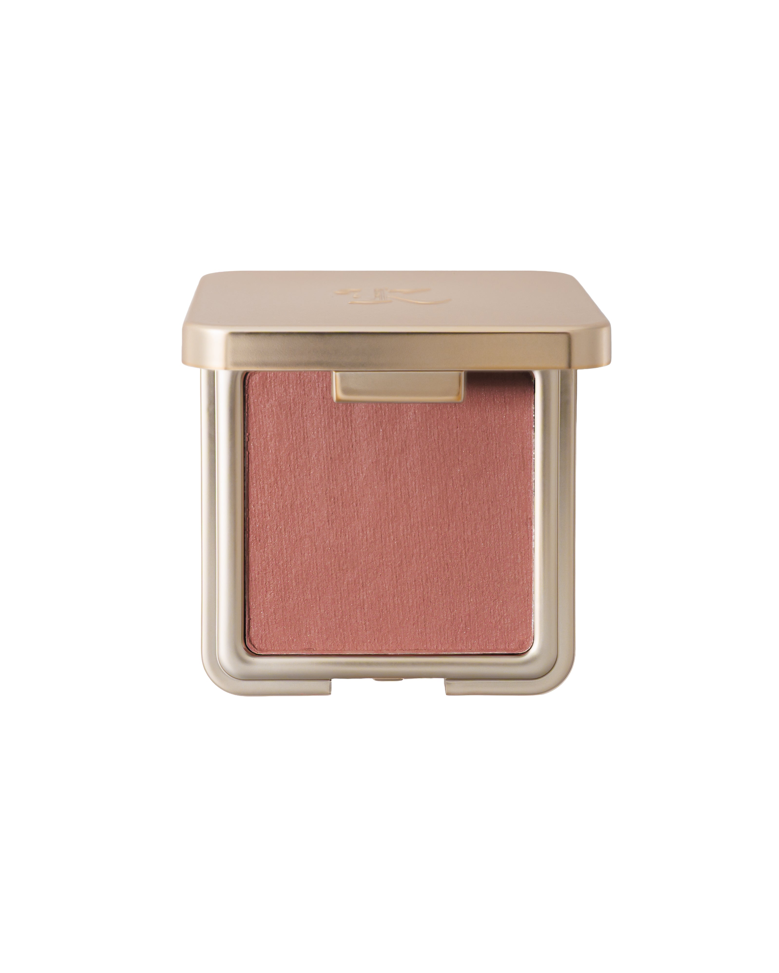 Soft suede blush in dusty rose shade by KASH Beauty, in square gold-toned compact with minimalist design, front view.