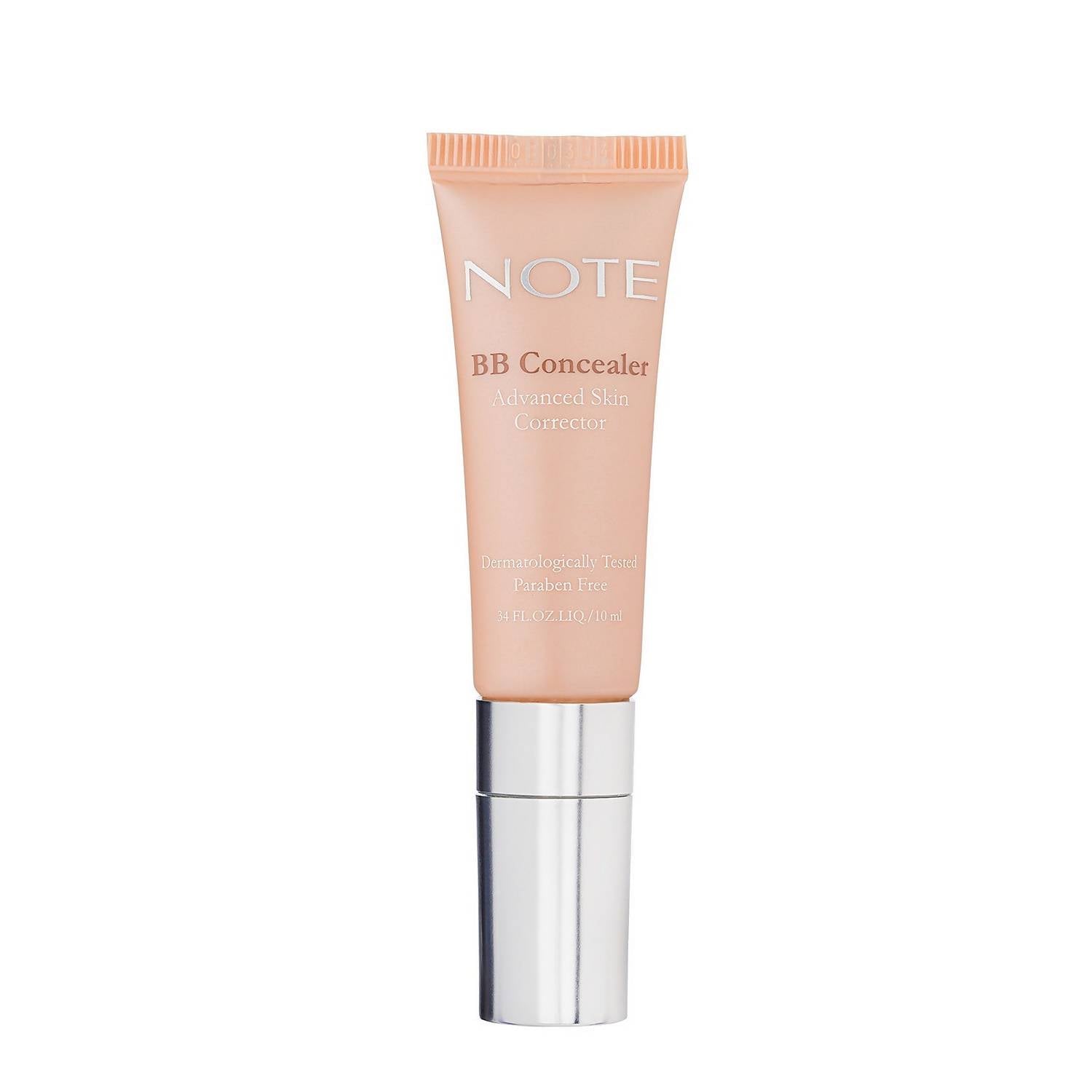Peach BB concealer by Note Cosmetics with silver cap and ribbed nozzle, front view, 10ml tube