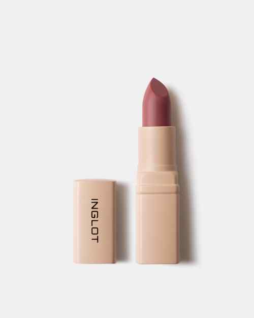 Creamy soft mauve lipstick by Inglot in beige case, shown open with cap beside, minimalist white background