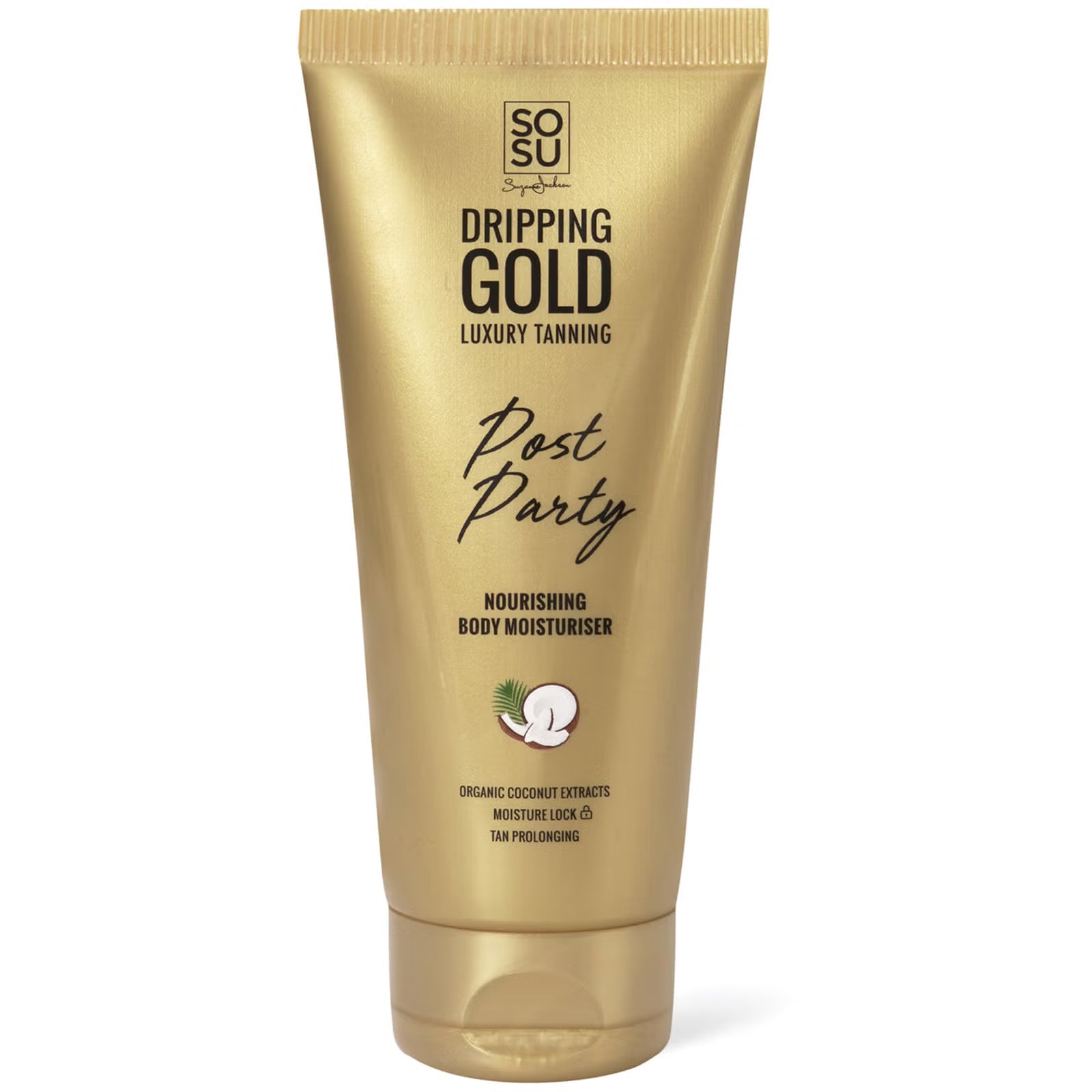 Shiny gold nourishing body moisturiser by SOSU with black text and coconut icon, front view