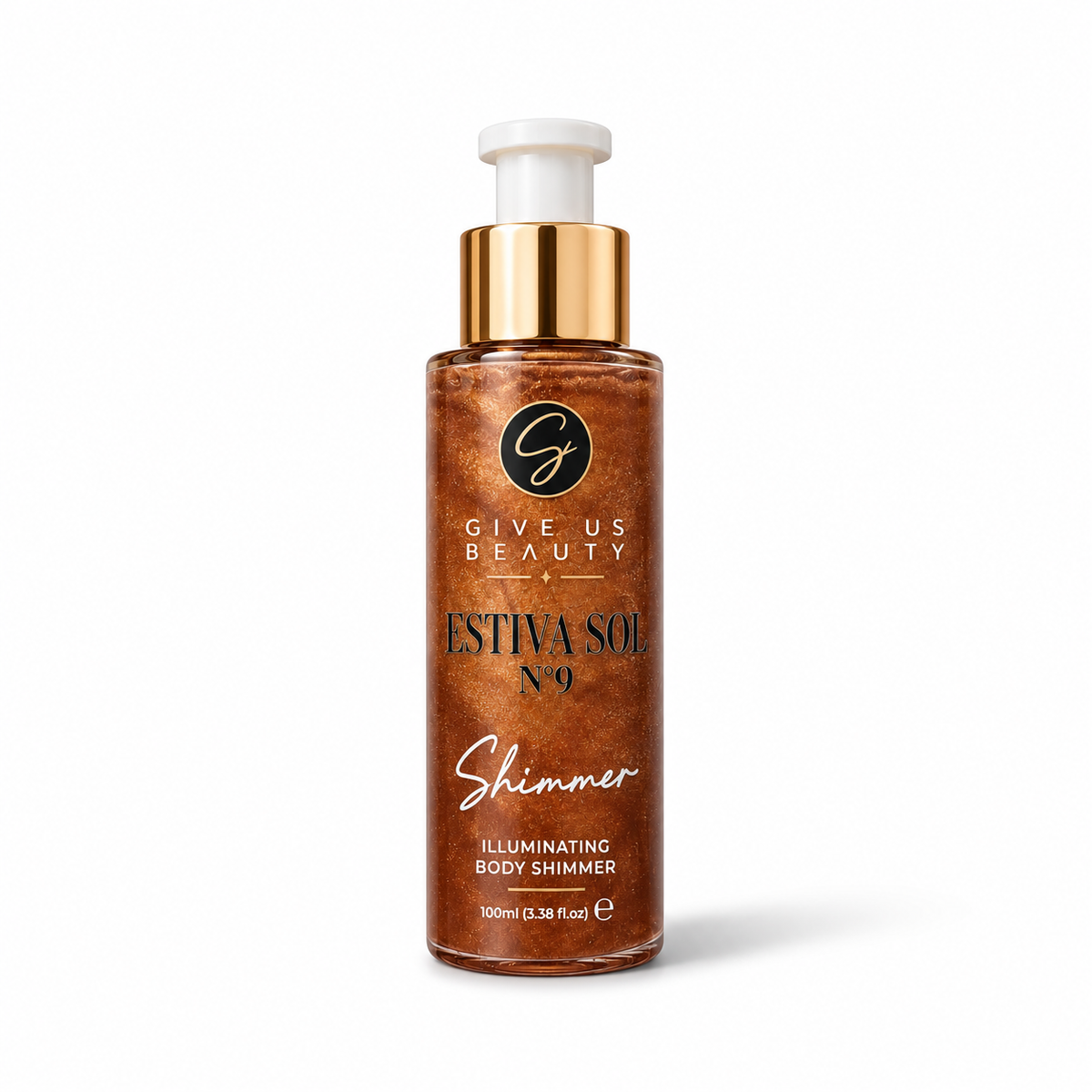 Give Us Beauty Estiva Soil No. 9 Shimmer Illuminating Body Shimmer in a clear pump bottle with a metallic gold collar and white cap, showing a shimmering bronze-brown liquid inside, on a white background.