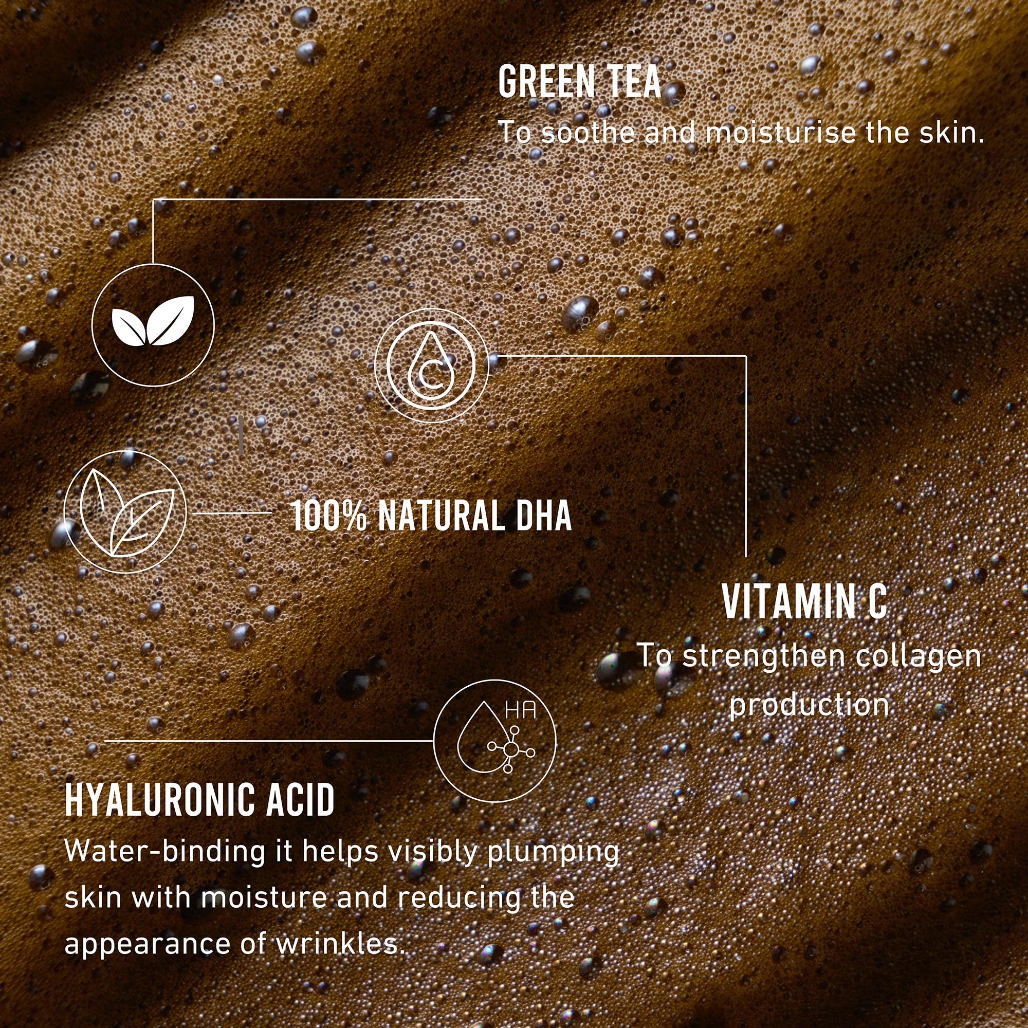 Skincare product with text highlighting green tea, DHA, vitamin C, and hyaluronic acid benefits on a brown background.