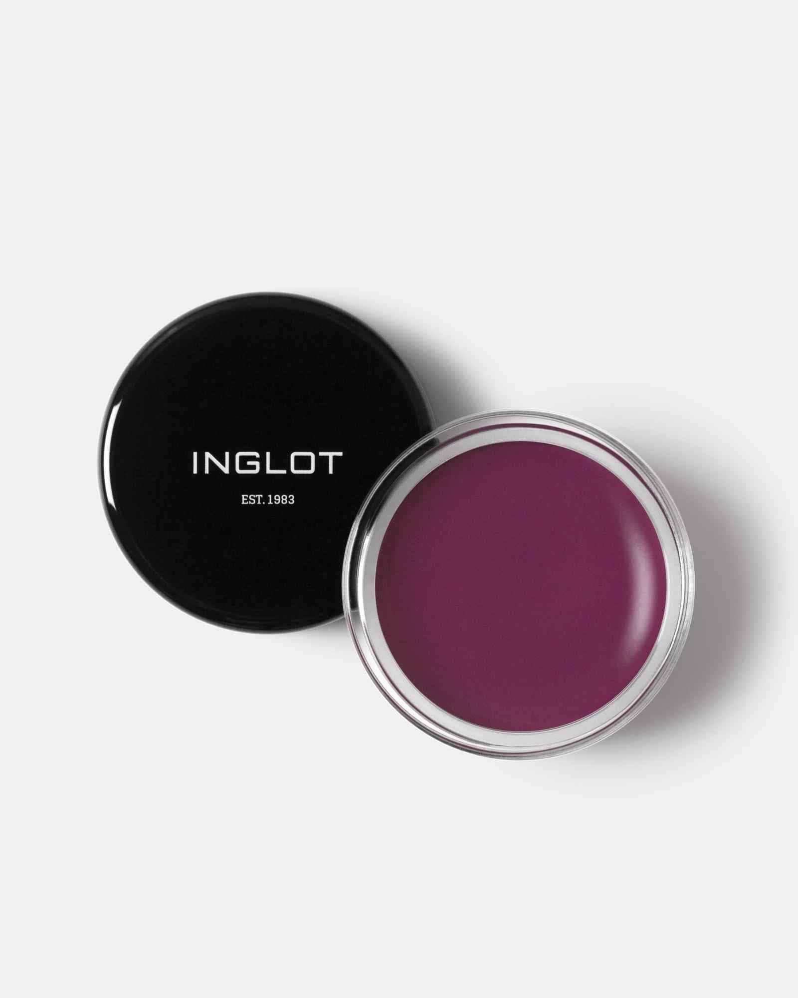 Deep purple waterproof eyeliner gel by Inglot in clear jar with black lid, top-down view on white background