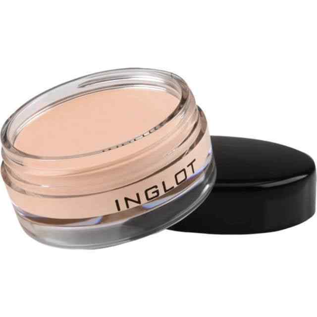 Nude eyeliner gel by Inglot in clear glass jar with black lid, side view, waterproof formula, smooth texture