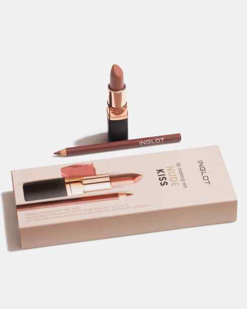 Inglot Lip Makeup Set Nude Kiss featuring coordinating nude lipstick and lip liner for natural everyday lip makeup