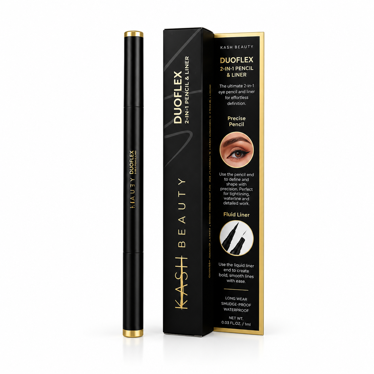 Black and gold 2-in-1 eyeliner pencil and liquid liner by Kash Beauty, shown with sleek packaging and product details on white background