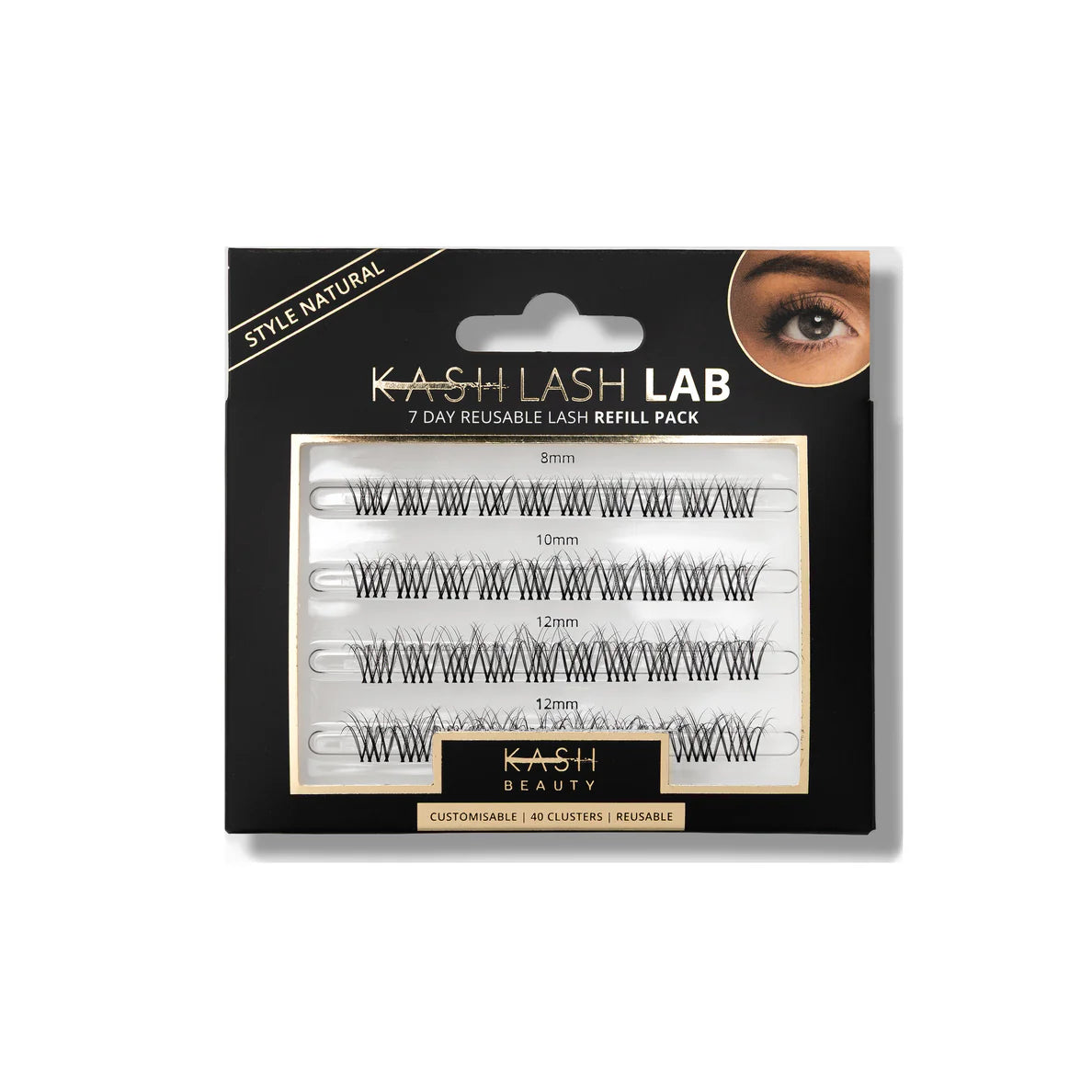 Natural brown reusable lash refill pack by KASH LASH LAB, featuring 40 clusters in 8mm, 10mm, and 12mm lengths, displayed in black and gold packaging with clear window.