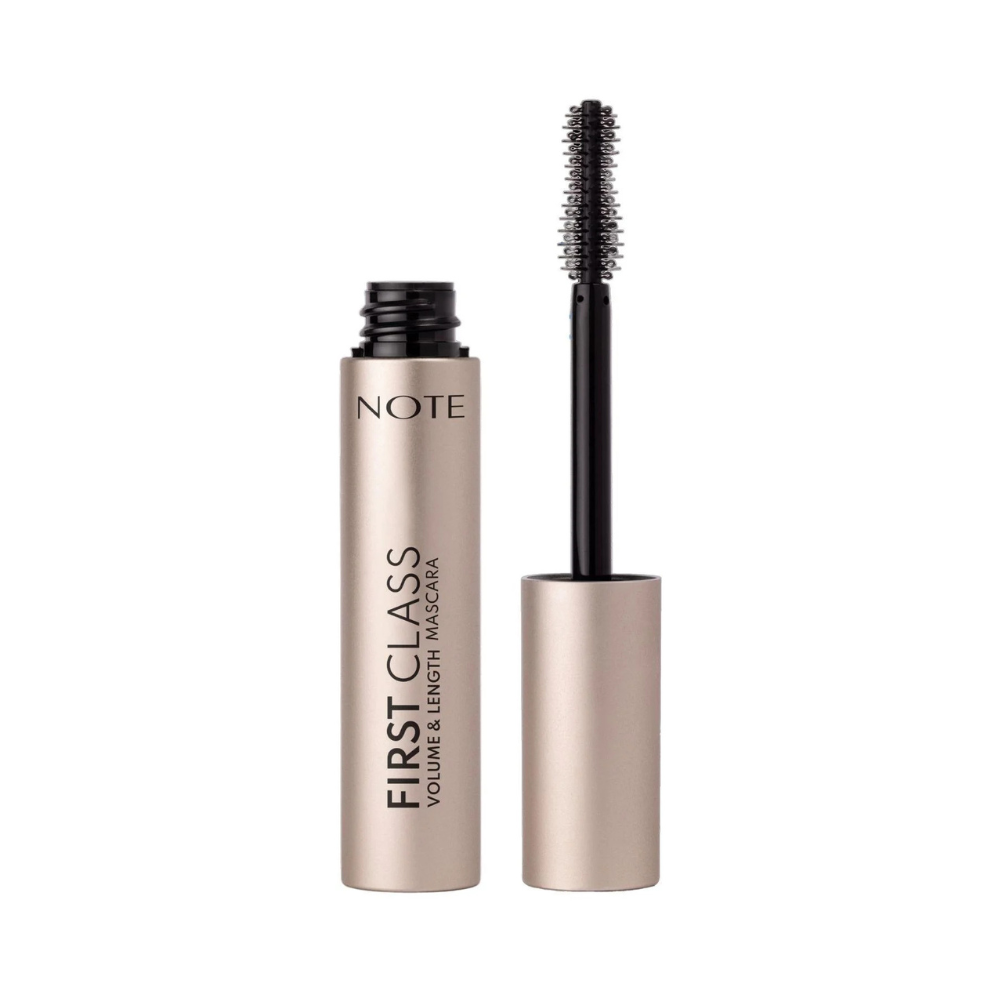 Note First Class Volume & Length Mascara shown with its metallic champagne-colored tube and the applicator wand on a plain white background.