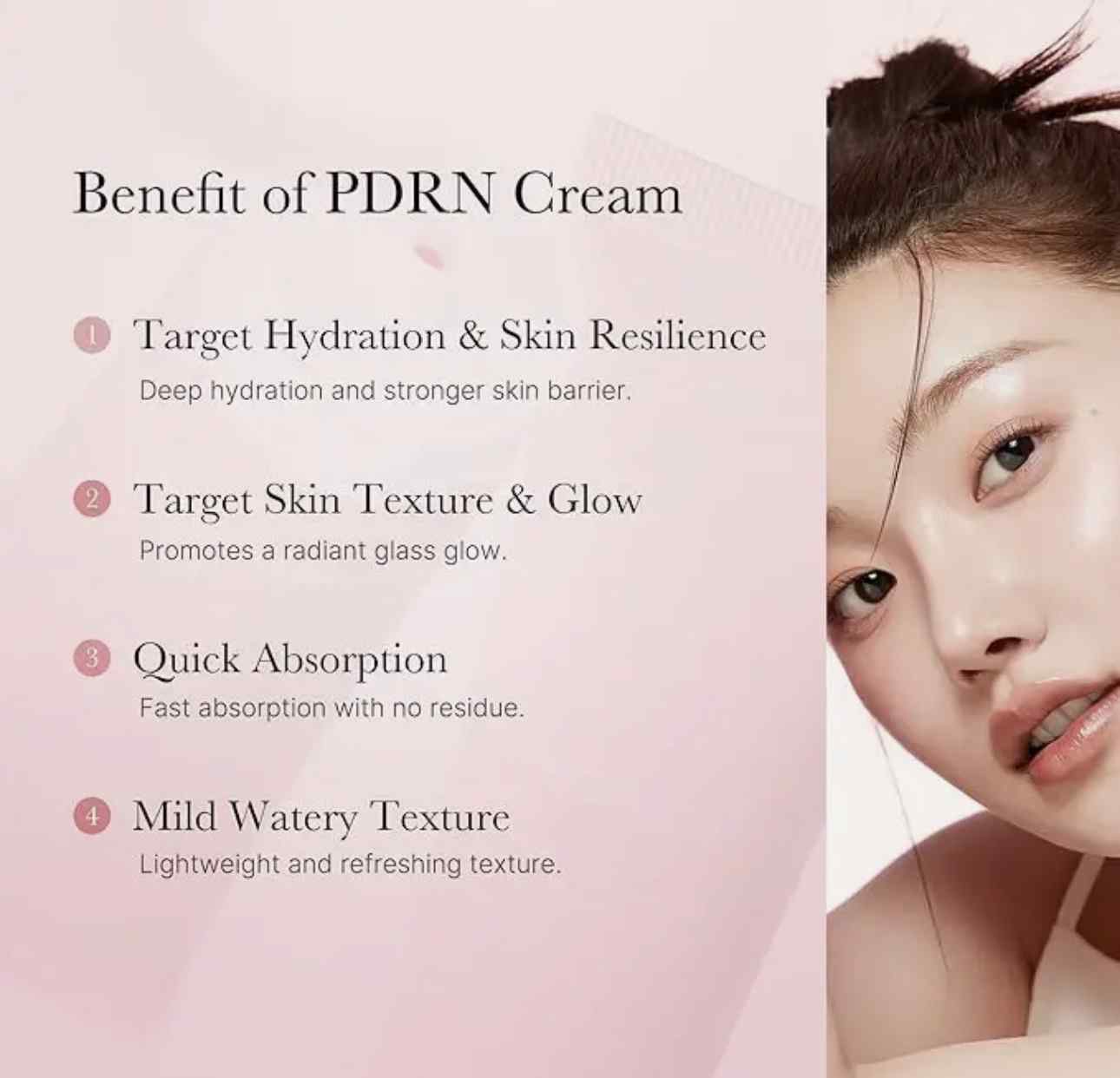 PDRN Cream with four benefit points on a soft pink background and a close-up of a woman's face on the right side.