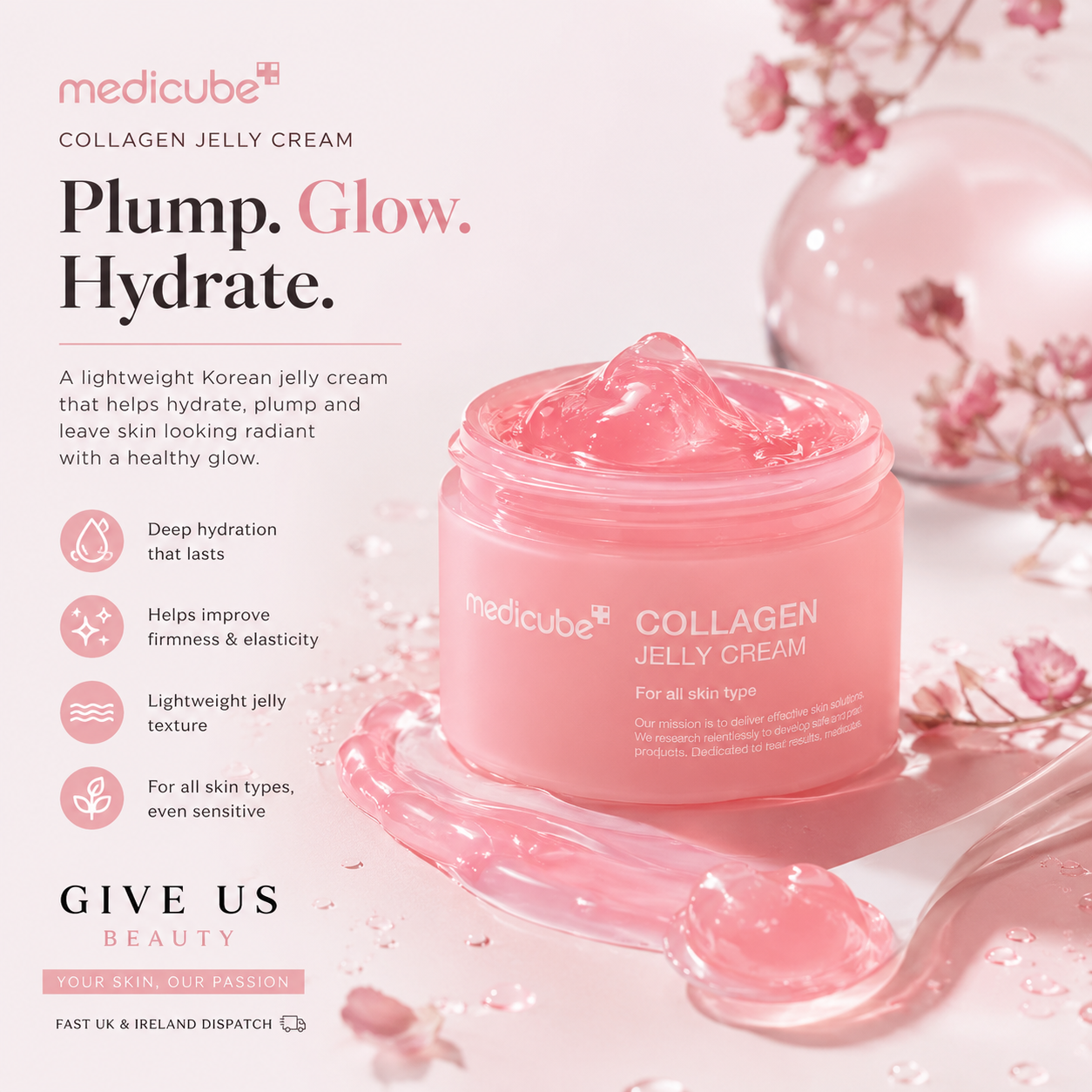 A jar of medicuBe Collagen Jelly Cream with pink jelly visible at the top, styled on a soft pink background with decorative floral elements and text describing the product benefits.