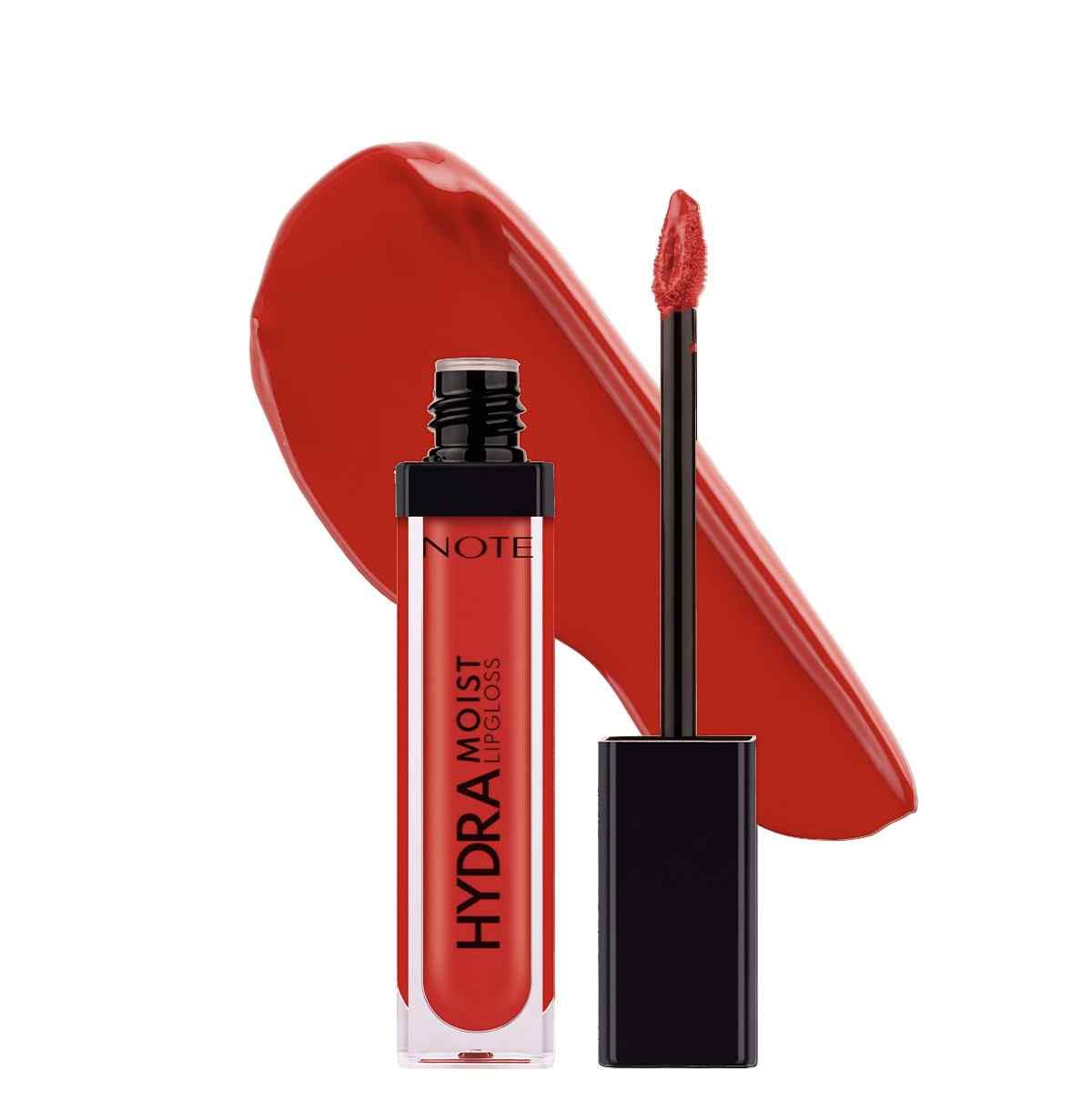 Note Hydra Moist Lip Tint in a vibrant red shade, featuring the clear tube with black cap, the applicator wand, and a large red product smear on a white background.