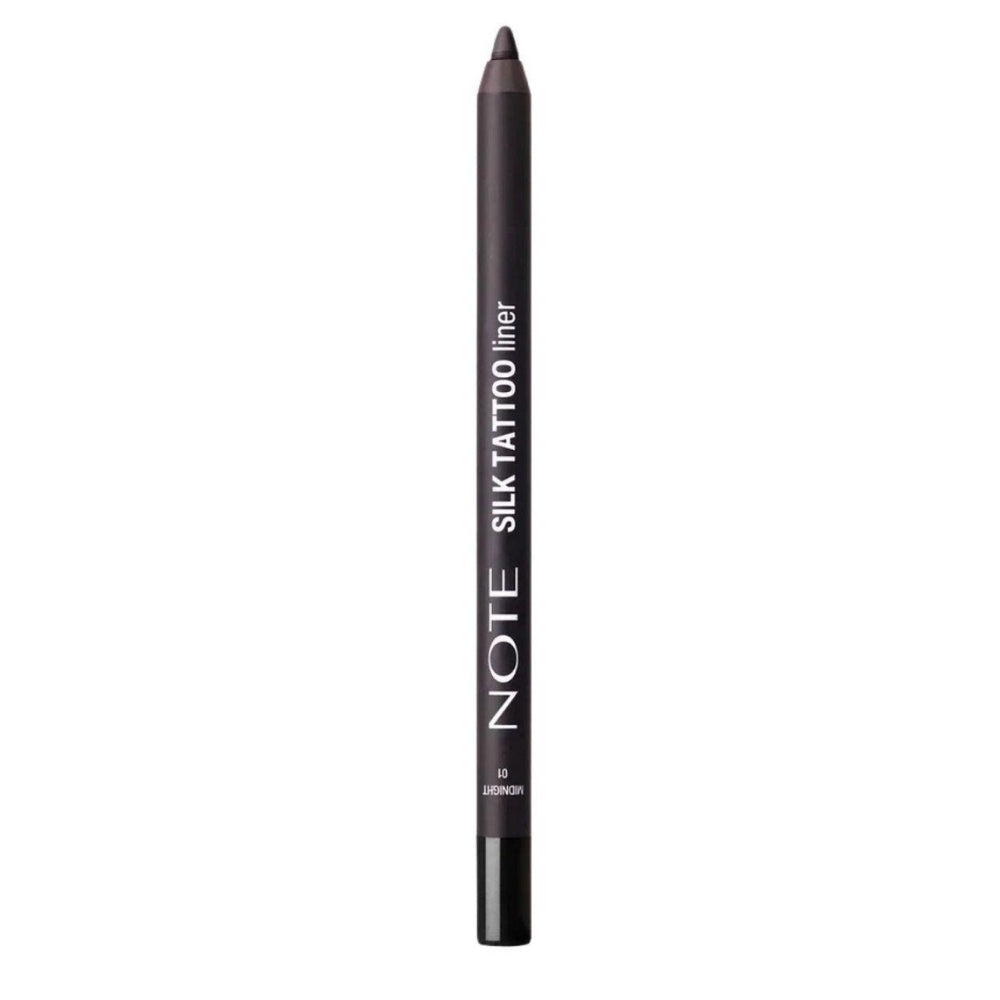 Black silk tattoo eyeliner pencil by NOTE, sleek matte barrel with white text, pointed tip, shade 01 Midnight, front view