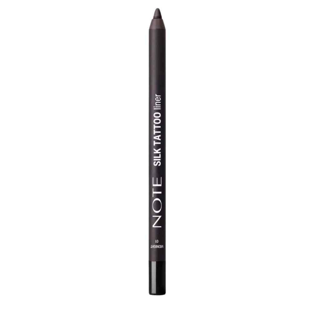 Black silk tattoo eyeliner pencil by NOTE, sleek matte barrel with white text, pointed tip, shade 01 Midnight, front view