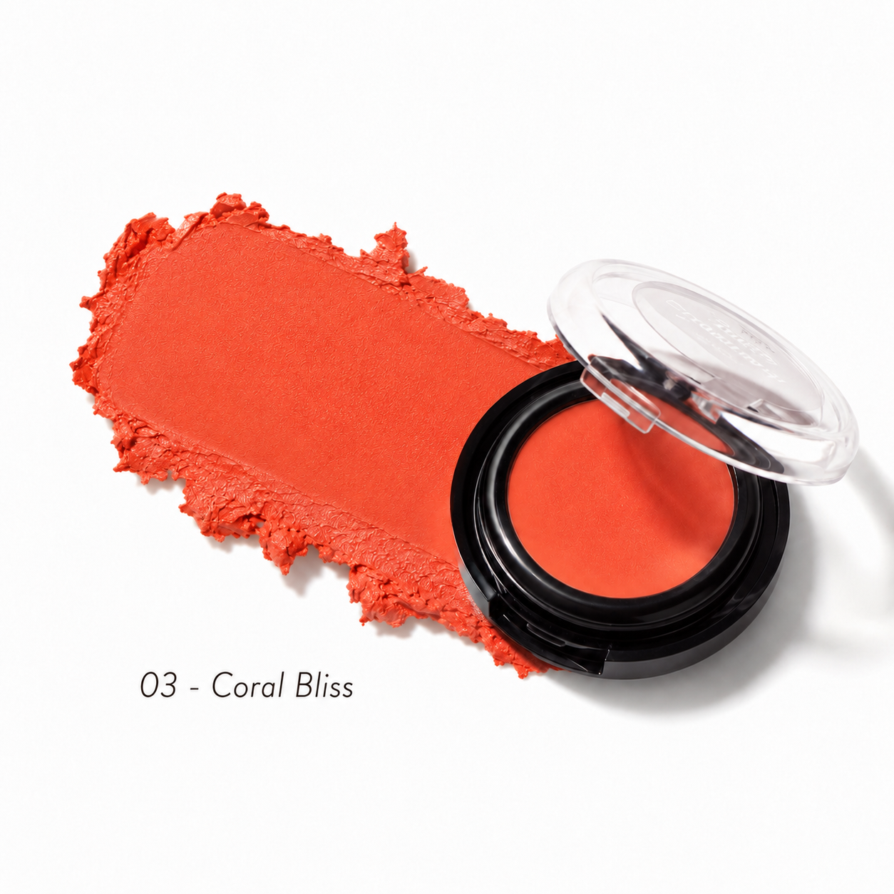 NOTE BOUNCY BLUS 03 CORAL BLISS A single-pan pressed powder blush in a black round compact with a clear lid, shown next to a textured smear of the coral-orange shade on a white background. Text overlay reads '03 - Coral Bliss'.