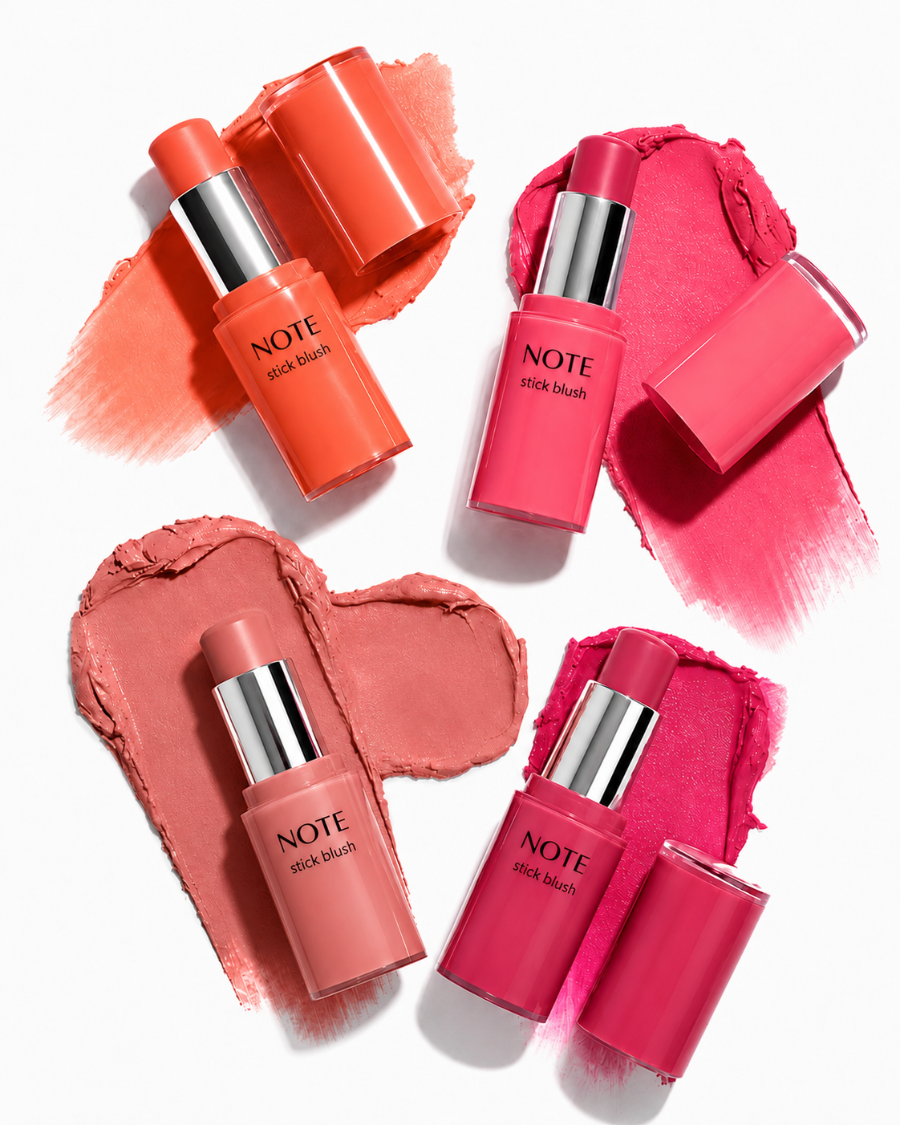 Vibrant coral, pink, and rose stick blushes by NOTE with metallic caps and swatches on white background