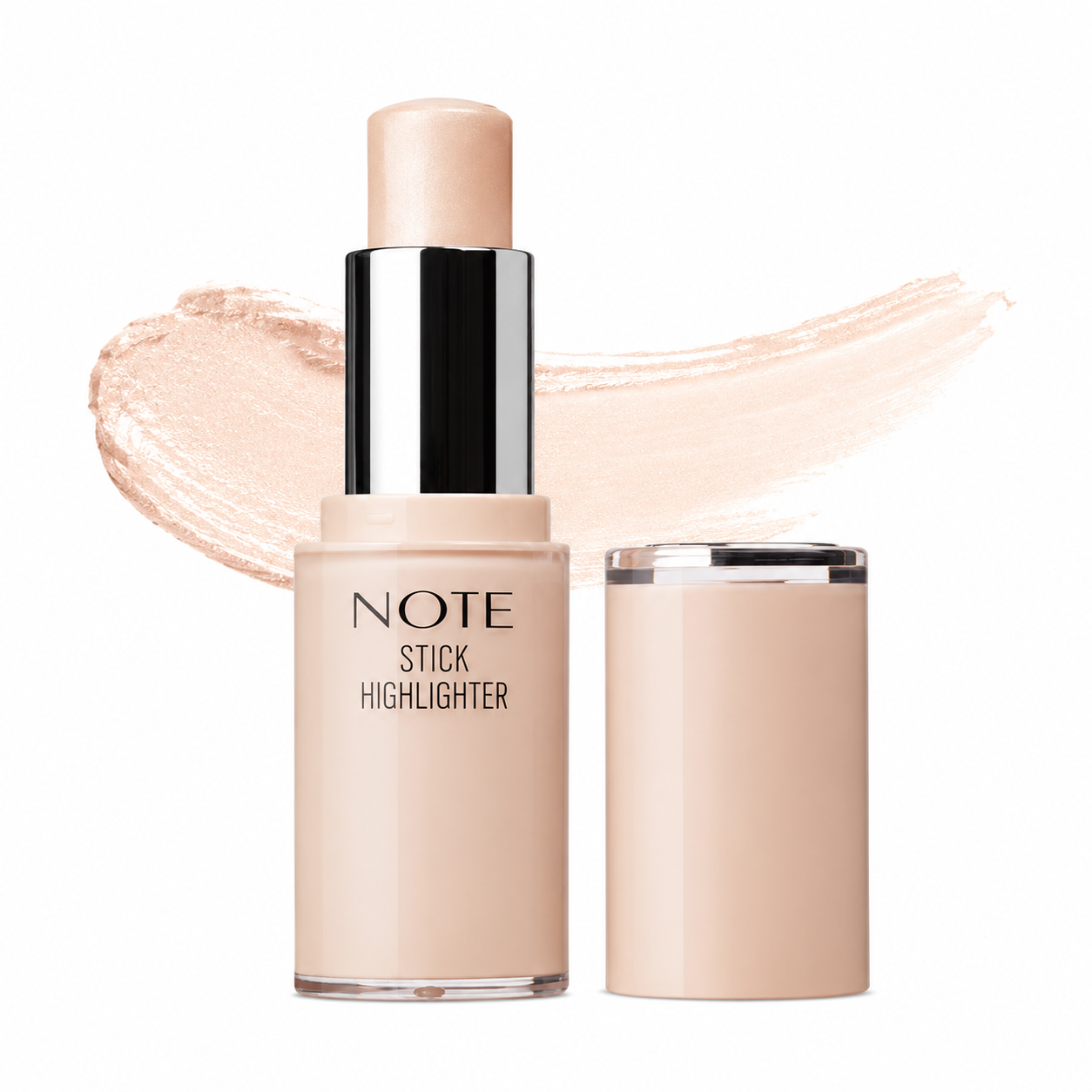 Note Stick Highlighter in a light peach-beige shade, shown with the cap off next to it and a matching makeup swatch behind it on a white background.