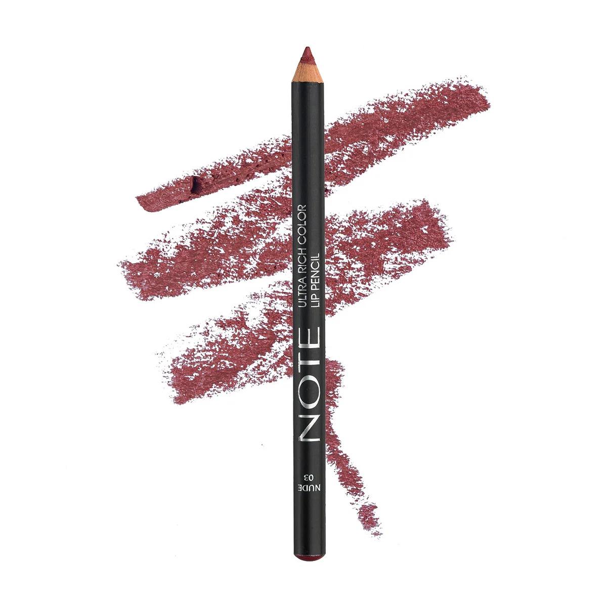 A black lip pencil with white text reading 'NOTE' and 'LIP COLOR LIP PENCIL' is shown upright in front of three diagonal swatches of a dusty rose-red lip color on a plain white background.