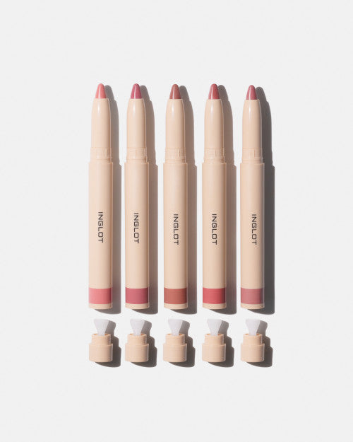 Five Inglot lip pencils with caps on a white background and sharpener give us beauty