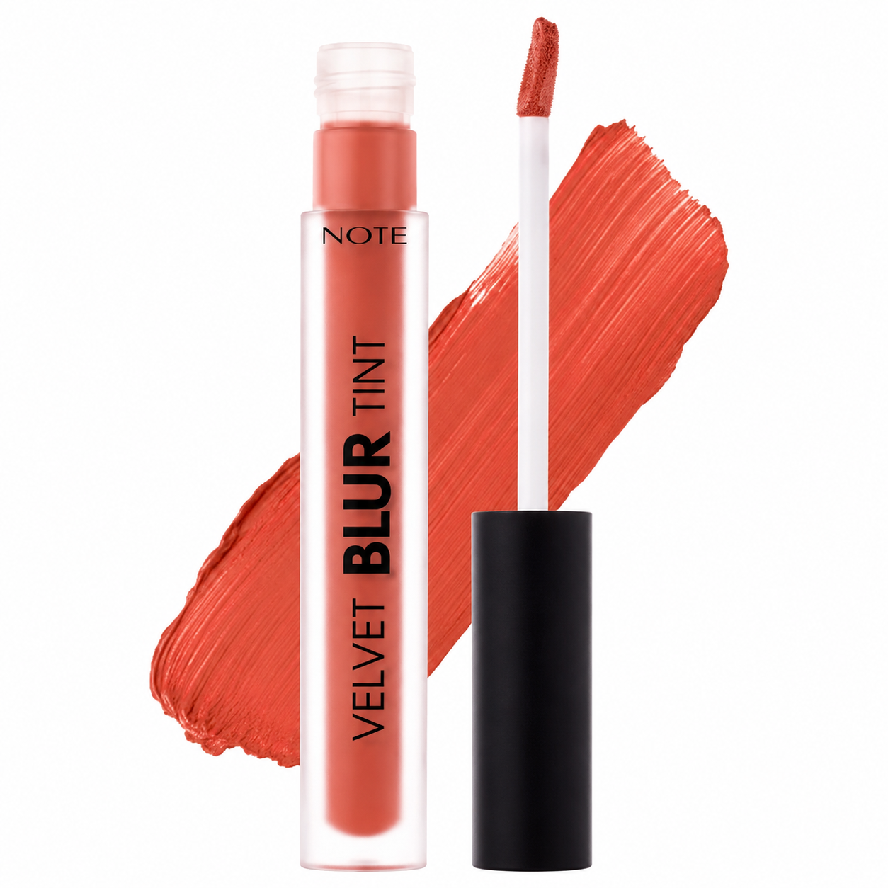 Coral velvet lip tint by NOTE with matte finish, open applicator, and swatch display
