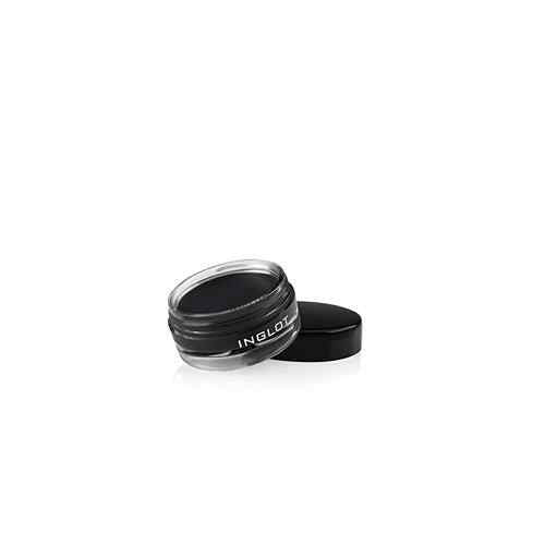 Black waterproof eyeliner gel in clear jar with black lid by Inglot, shown open on white background