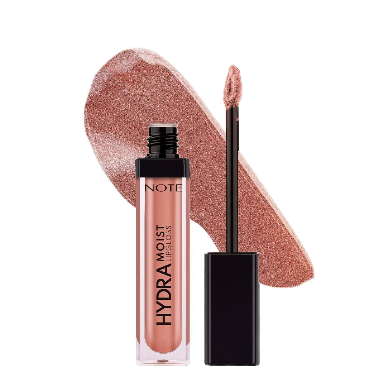 Note Hydra Moist Blush Lipgloss in a shimmery dusty rose pink shade, shown with its applicator wand and a matching product smear on a white background.