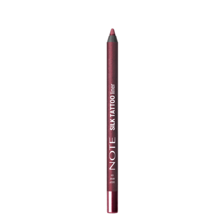 Deep wine-colored silk eyeliner pencil by NOTE, featuring a sleek metallic finish and sharp pointed tip, shown upright against white background.