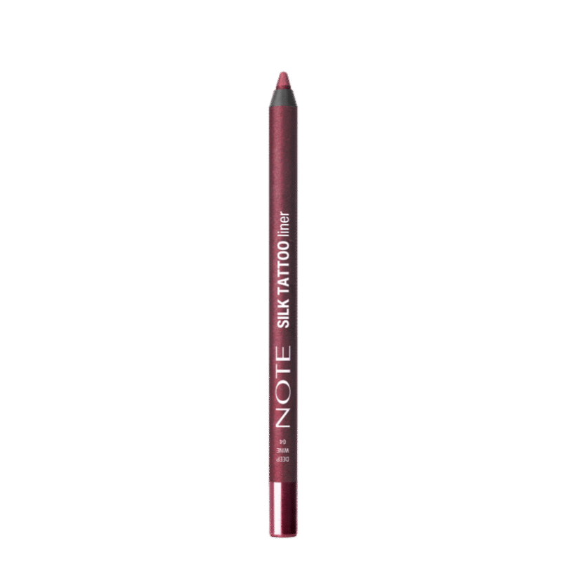 Deep burgundy silk eyeliner pencil by NOTE with metallic finish and sharp pointed tip, front view