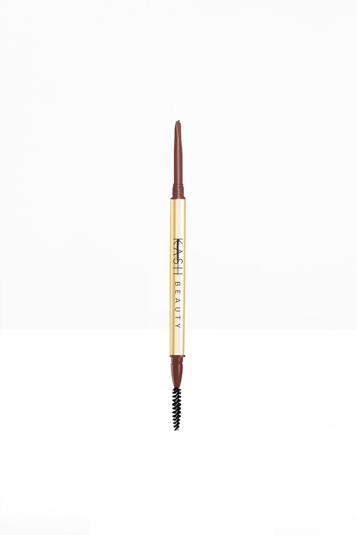 Brown brow precision pencil with gold barrel and spoolie brush by KASH Beauty, shown vertically against white background