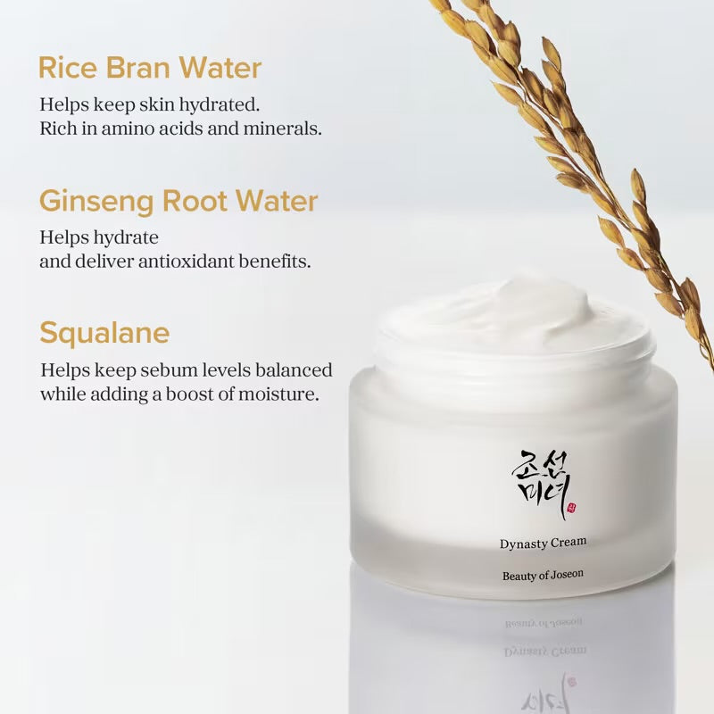 White cream jar with text about rice bran water, ginseng root water, and squalane on a light gray background. Beauty of joseon dynasty cream Korean skin care