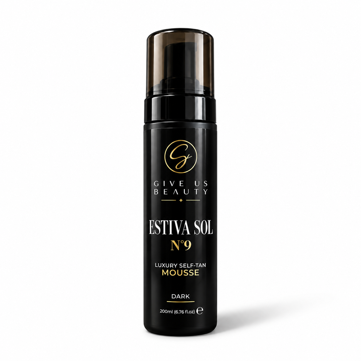 A 200ml black pump bottle of Give Us Beauty Estiva Sol No. 9 Luxury Self Tan Mousse in the dark shade, shown on a clean white background with a soft shadow.