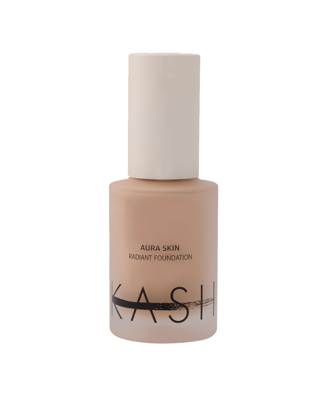 Radiant foundation in soft beige bottle with matte white cap by KASH, featuring minimalist black text and brushstroke design, front view.