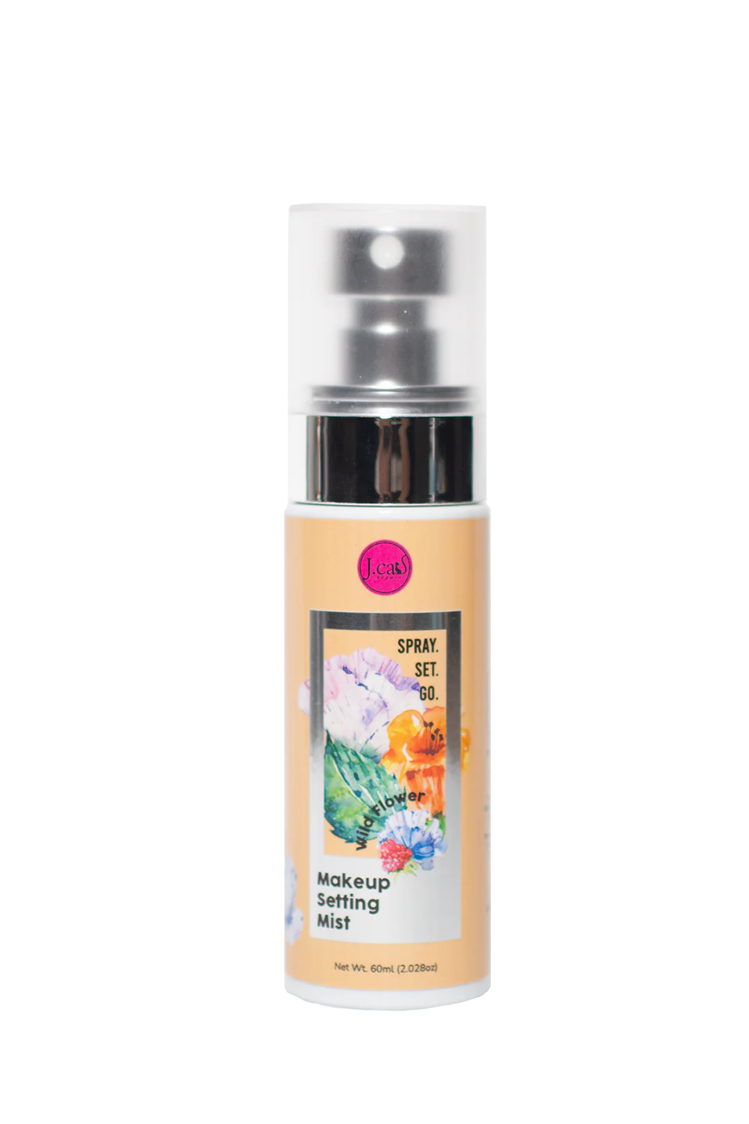 Makeup JCat setting mist spray bottle with colourful label on a white background