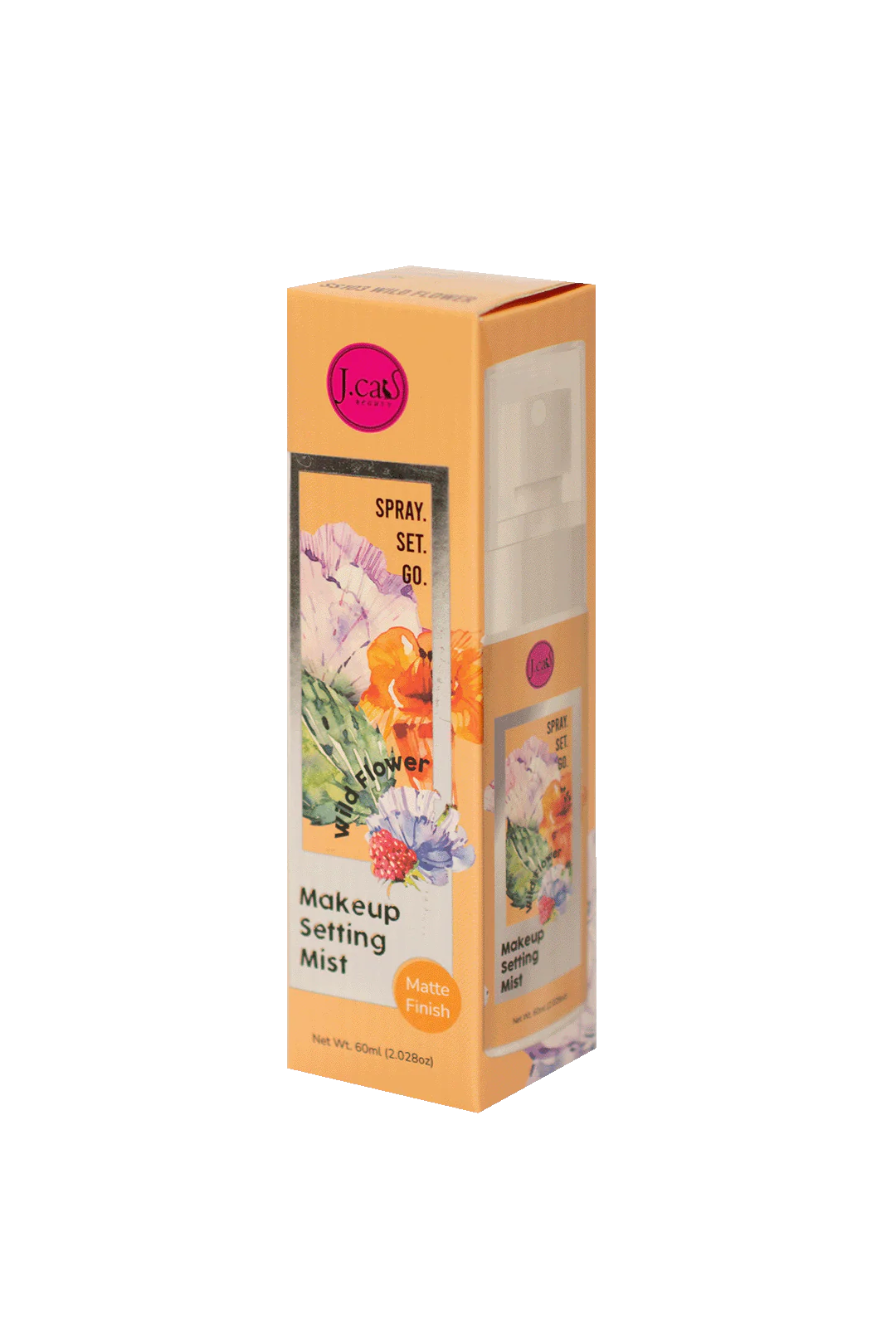 JCat Makeup setting mist packaging with floral design on a white background