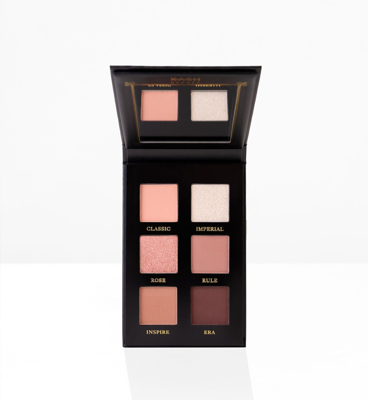 Six-shade eyeshadow palette with matte and shimmer finishes in warm neutrals and pinks by KASH Beauty, black case with gold lettering, open front view