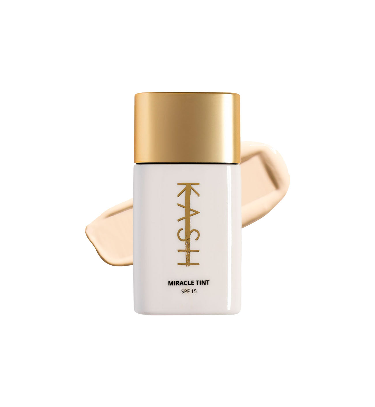 Light beige skin tint in white bottle with gold cap by KASH, featuring SPF 15, shown with product swatch on white background