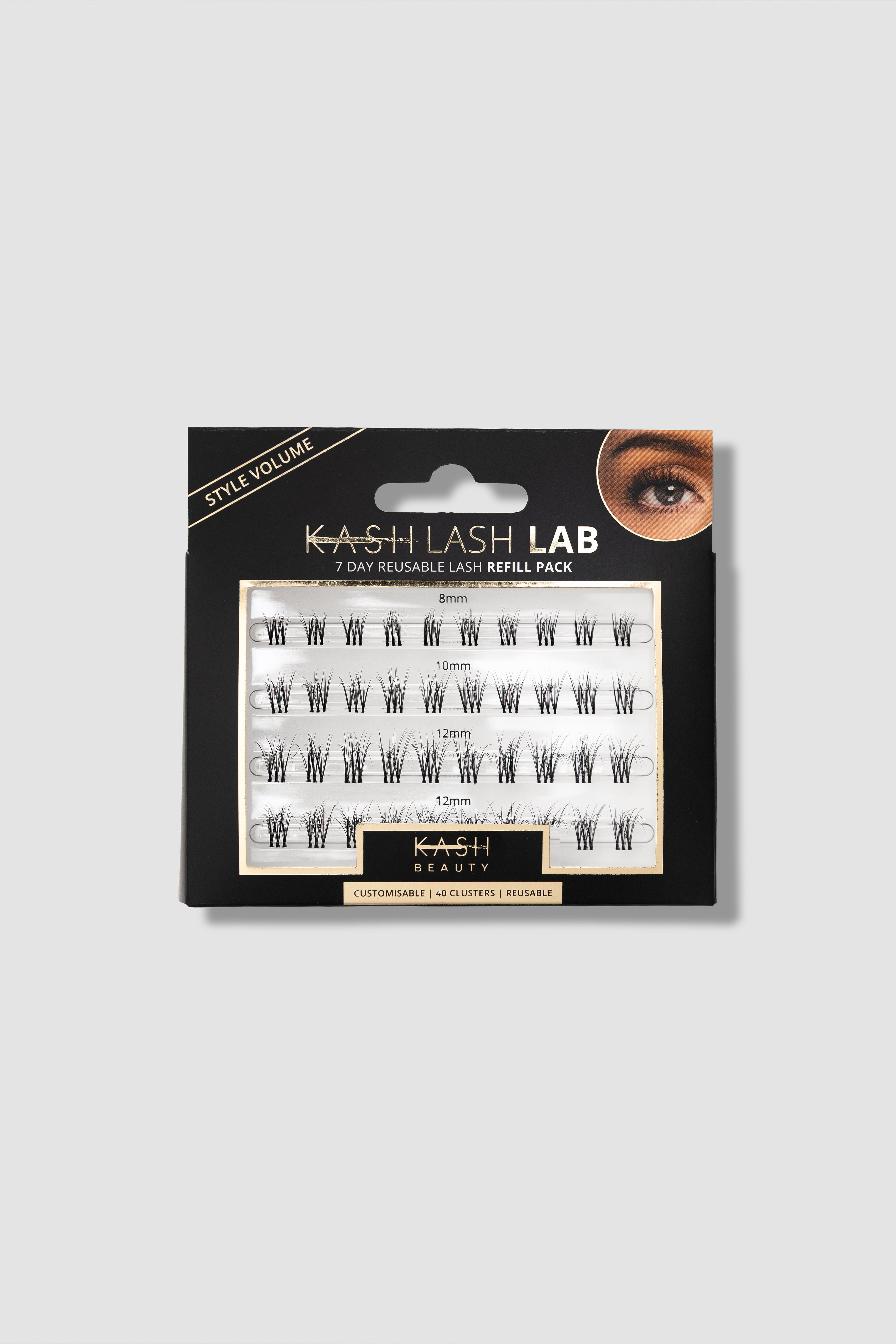 Black volume refill lash clusters in clear packaging by KASH LASH LAB, featuring 8mm to 12mm lengths, 40 reusable clusters, displayed front view.